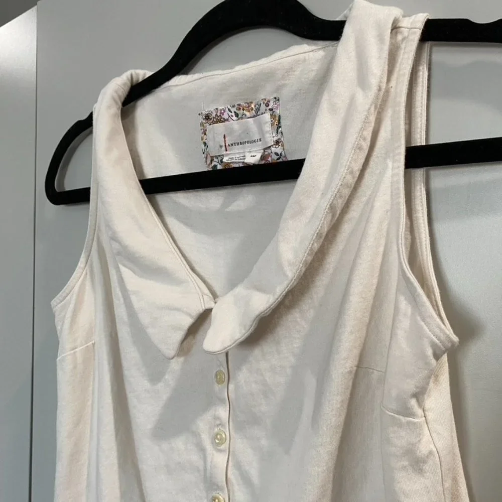 Anthropologie Peter Pan Collar Front Tie Sleeveless Tank Blouse Cream XS - Picture 2 of 5